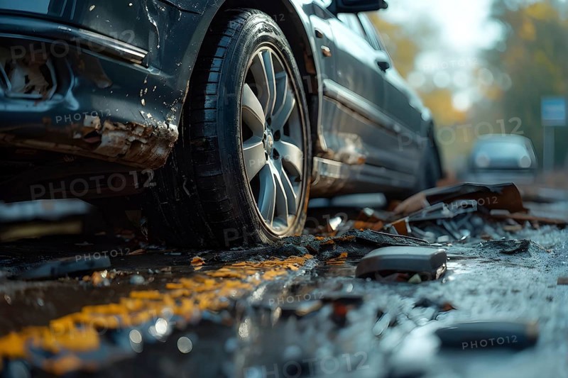 Close-up of car wrecks after a road accident, AI generated