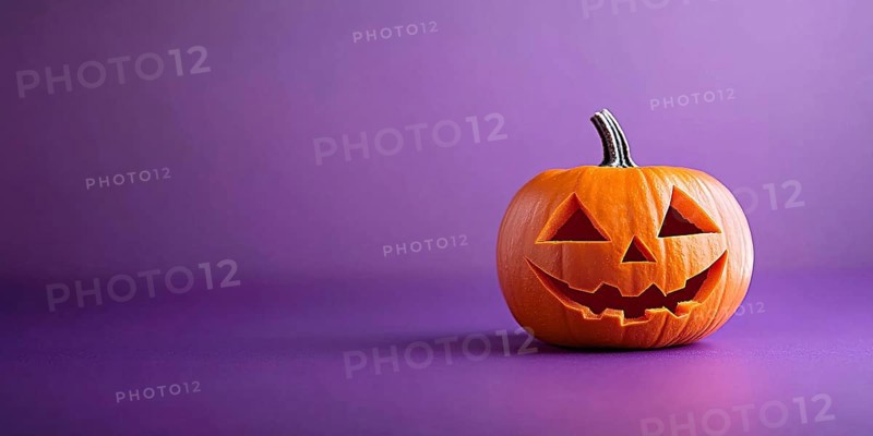 Halloween banner with orange carved pumpkin lantern on purple background with copy space. Generative Ai, AI generated