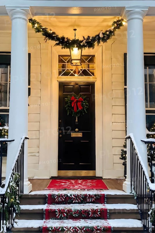 Festive front porch with holiday garlands wrapped around the columns, a wreath hanging on the door, and snow-covered steps leading up to the warmly lit entrance, AI generated