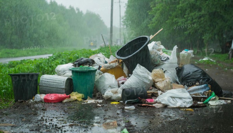 Symbolism, rubbish on the roadside in rainy weather, AI-generated, AI-generated, AI generated