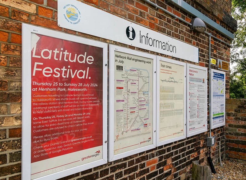 Information boards map timetable, railway station, Melton, Suffolk, England, UK