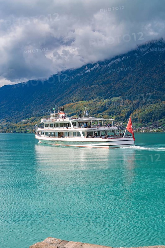 Large boat on a lake, forested mountains and clouds in the background, Lake Brienz, Switzerland, Europe