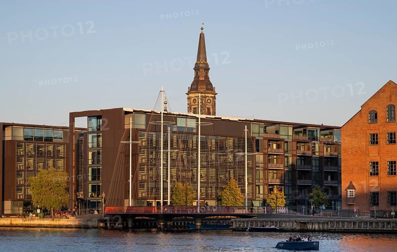 Contemporary architecture, office and residential building, historic brick building, Christians Kirke or Christianskirche, Københavns Havn, Copenhagen, Denmark, Europe