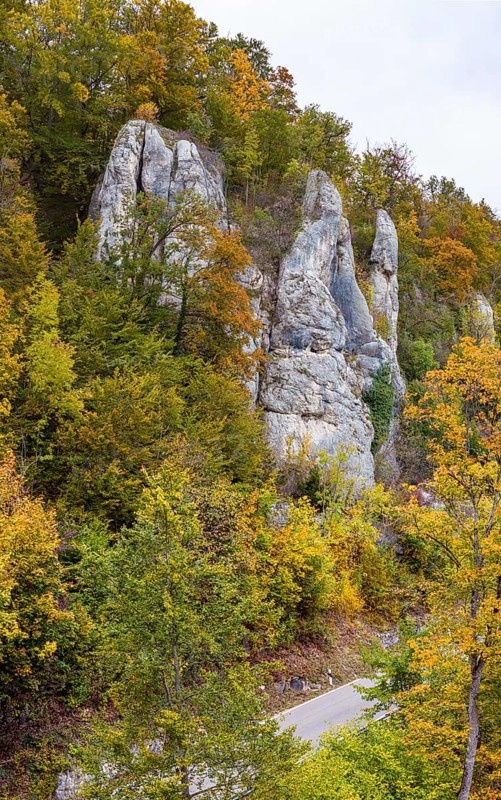 Swabian Alb in autumn, Albtrauf with colourful mixed forest and rocky landscape. Bad Urach, Baden-Württemberg, Germany, Europe