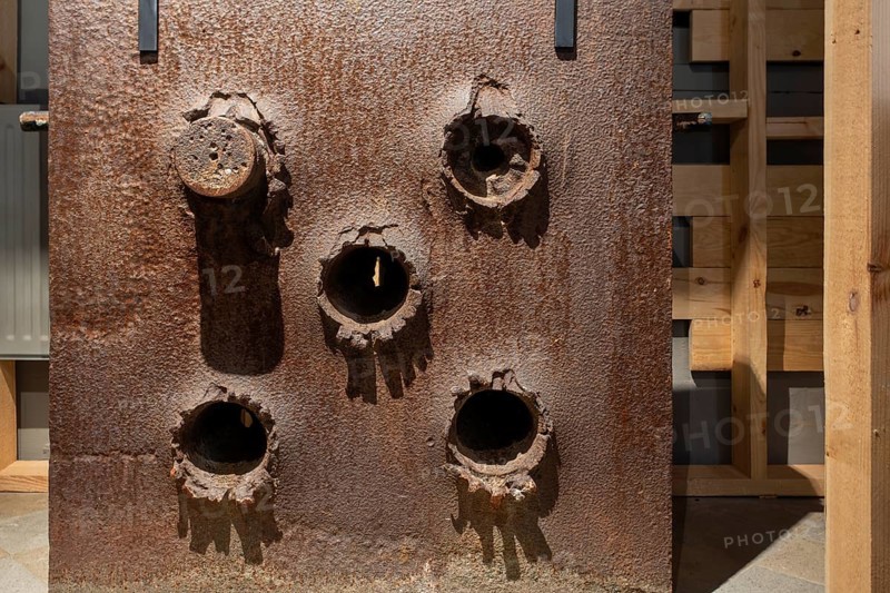 Impact of projectiles, shells on test plate to determine quality of steel for turrets at Fort van Liezele, WW1 museum at Puurs-Sint-Amands, Belgium, Europe