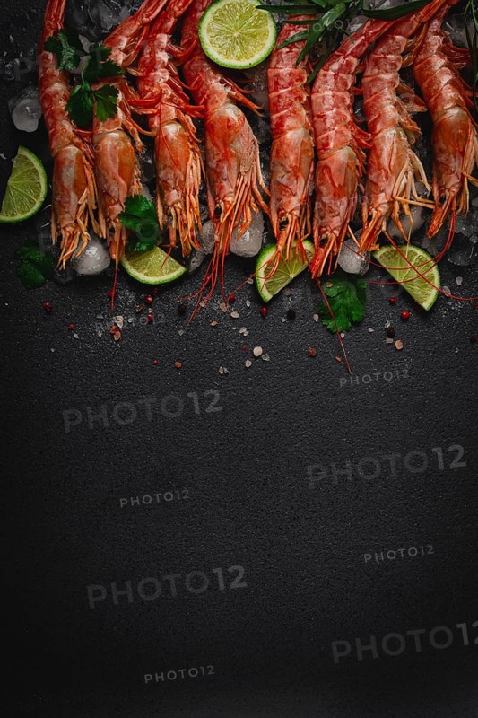 Langoustines, Australian, freshly frozen on ice, top view, lime and greens