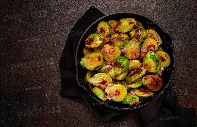 Roasted brussels sprouts, with bacon, vegetarian food, homemade, no people
