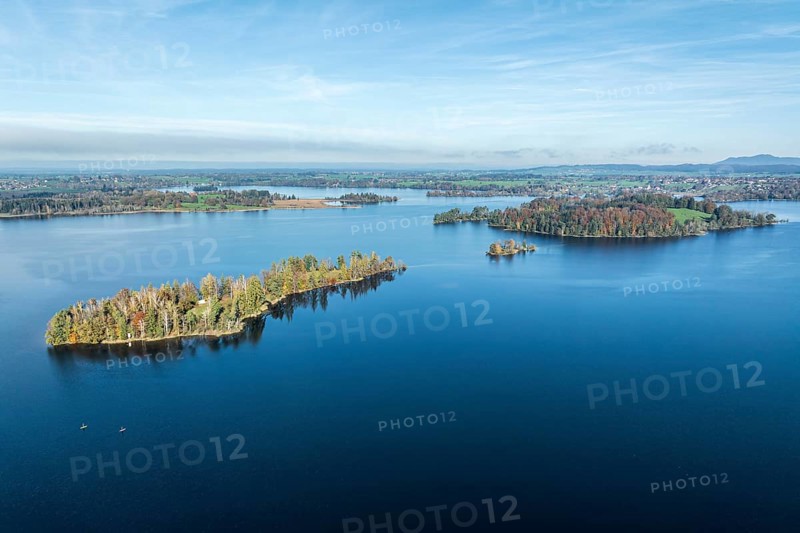 Aerial view of lake Staffelsee near Murnau, islands Wörth, Kleine Birke, Große Birke, autumn colors, Allgaeu, Bavaria, Germany, Europe
