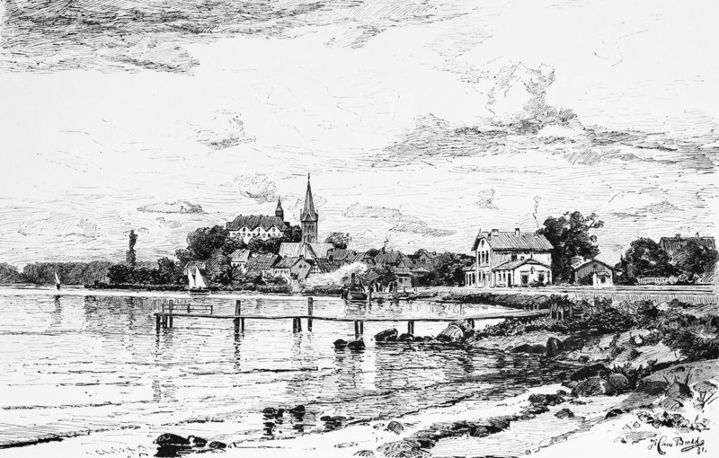 Small town of Plön with castle, Lake Plön, eastern hilly country, excursion boat, sailing boat, jetty, Schleswig-Holstein, Germany, historical illustration 1880, Europe