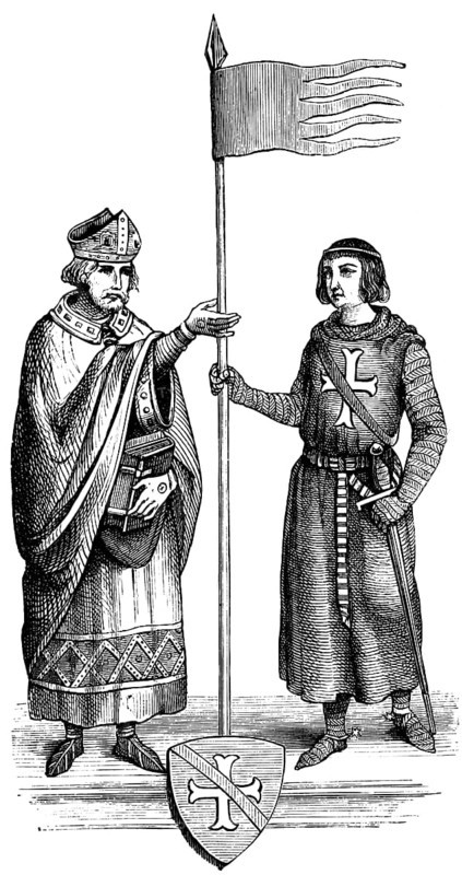 Henry of Metz receives the Oriflamme, a medieval imperial and war flag, from the hands of St Dionysus, crusader, cleric, flag, sword, historical illustration 1880