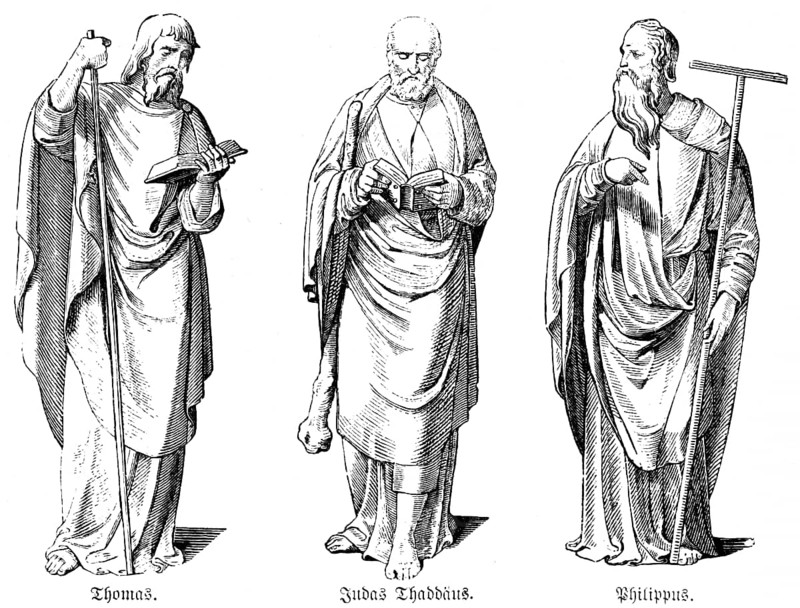 Portrait of the Apostles Thomas, Judas Thaddaeus, Philip, Bible, New Testament, Gospel of Luke, historical illustration 1880