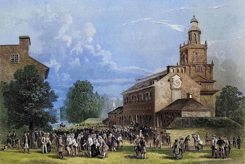 Old State House Philadelphia USA, Built 1735, From a nineteenth century print, engraved by J. Rogers, Historic, digitally restored reproduction from a nineteenth century original, Record date not stated