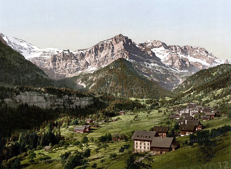 Champéry is a burgh of the district of Monthey in the French-speaking part of the canton of Valais in Switzerland / Champéry, general view, Valais, Alps of, Switzerland, Historic, digitally restored reproduction from a 19th century original, Record date not stated, Europe