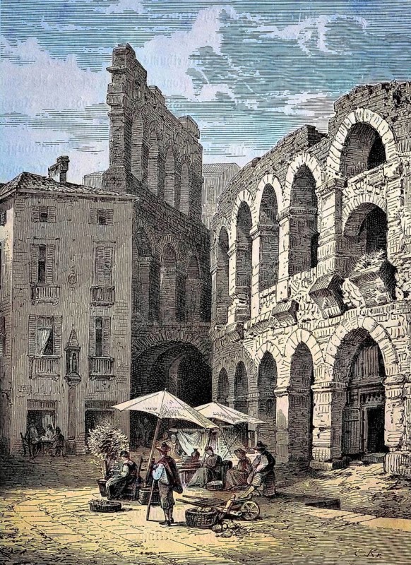 Merchant in the Arena in the centre of Verona, Italy, digital reproduction of an original 19th century model, original date unknown, Europe