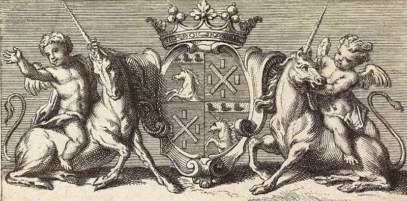 Crowned coat of arms flanked by unicorns, Paris, 1709, France, Historical, digitally restored reproduction from a 19th century original, Record date not stated, Europe