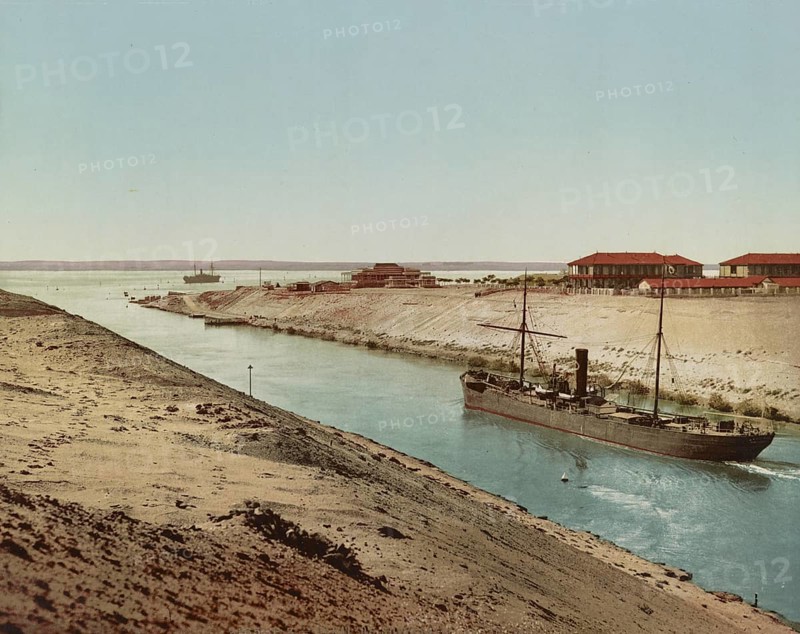 Suez Canal, Entrance to Lake Timsah, Egypt, Historical, digitally restored reproduction from a 19th century original, Record date not stated, Africa