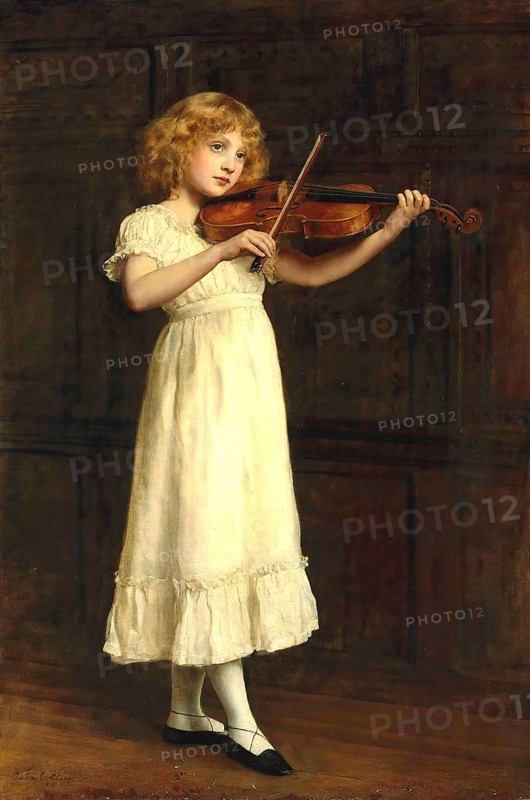 A young girl in a white dress plays the violin in a wood-panelled room. The sonatina, Girl playing a little sonata on the violin, Painting by John Maler Collier (28 January 1850, 11 April 1934), British writer and painter, Historic, digitally restored reproduction from a 19th century original, Record date not stated