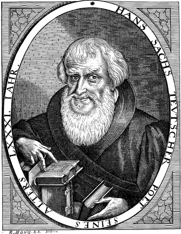 Master singer and poet Hans Sachs (1494-1576), portrait of an 80-year-old man, several books, volumes of poetry, long beard, contentment, historical illustration 1892