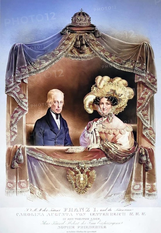 Franz Joseph Karl (born 12 February 1768 in Florence, died 2 March 1835 in Vienna) from the House of Habsburg-Lorraine was the last emperor of the Holy Roman Empire from 1792 to 1806 as Franz II. In 1804 he founded the Austrian Empire, which he ruled as Francis I until his death, with his wife in theatre box, Historical, digitally restored reproduction from a 19th century original, Record date not stated
