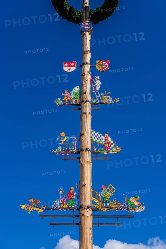 Maypole on the market square, close-up, Seligenstadt, Hesse, Germany, Europe