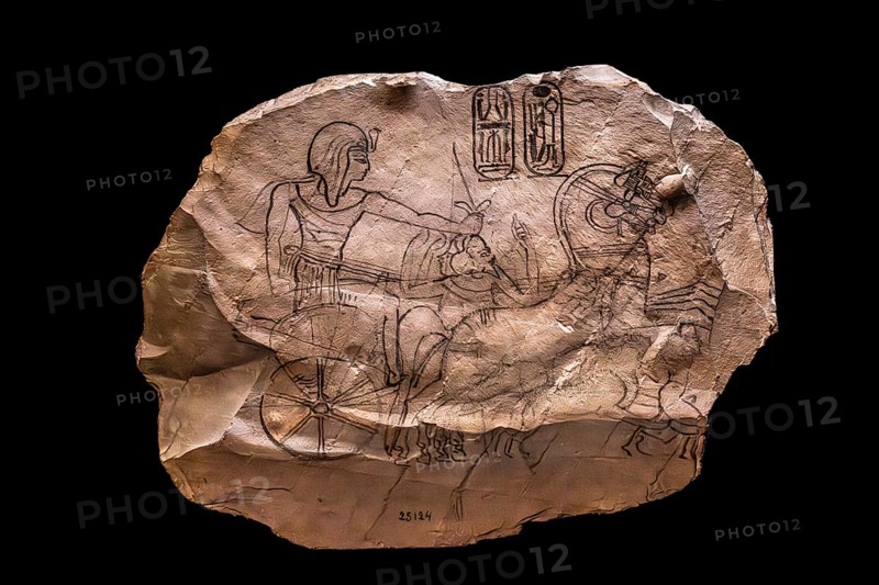 Ostracon depicting Ramses IV in a chariot, 20th Dynasty, New Kingdom from the exhibition: Ramses the Great and the Gold of the Pharaohs, Cologne, North Rhine-Westphalia, Germany, Europe