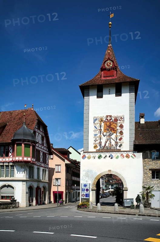 Lucerne Gate with tower clock and fresco by Seraphin Weingartner, Sempach, Canton Lucerne, Switzerland, Europe