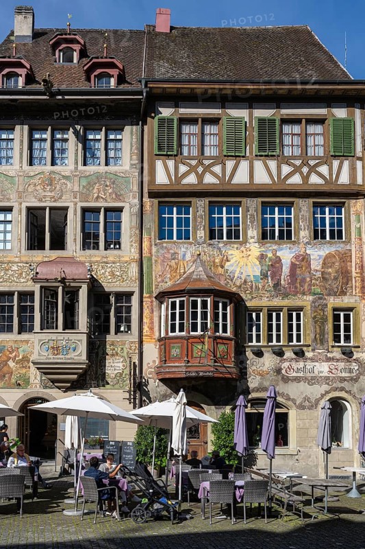 Imposing, historic half-timbered buildings with detailed facade paintings on the market square in the old town of Stein am Rhein, an important sight in Switzerland, Canton Schaffhausen, Switzerland, Europe