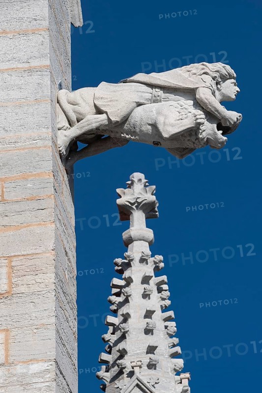 Mythological figures as gargoyles, man on lion, medieval cathedral, Visby Cathedral, St Mary's Church, former Hanseatic city of Visby, UNESCO World Heritage Site, Gotland Island, Sweden, Europe