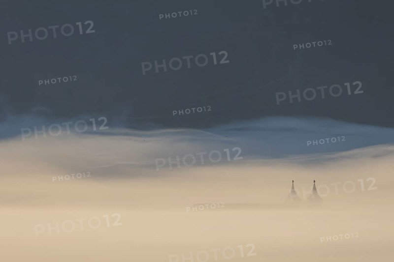 Foggy mood, fog, morning light, backlight, autumn, church towers, Loisach-Lake Kochel-Moor, Schlehdorf Monastery, Alpine foothills, Bavaria, Germany, Europe