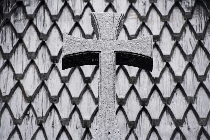 Detail, wooden cross, stave church at Skansinn, Eldfell lava field, harbour, Heimaey Island, Vestmannaeyjar, Westman Islands, Suðurland or South Iceland, Iceland, Europe