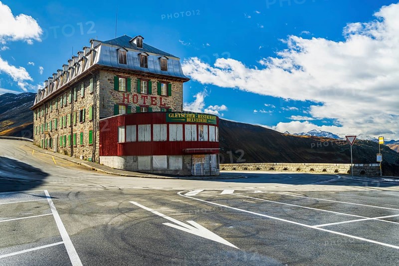 View of Hotel Belvedere at road to pass Furkapass, Kanton Wallis, Swiss Alps, Switzerland, Europe