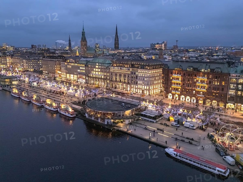 Aerial view of the Weißerzauber Christmas market on the Jungfernstieg during the blue hour, Inner Alster Lake, Hamburg, Germany, Europe
