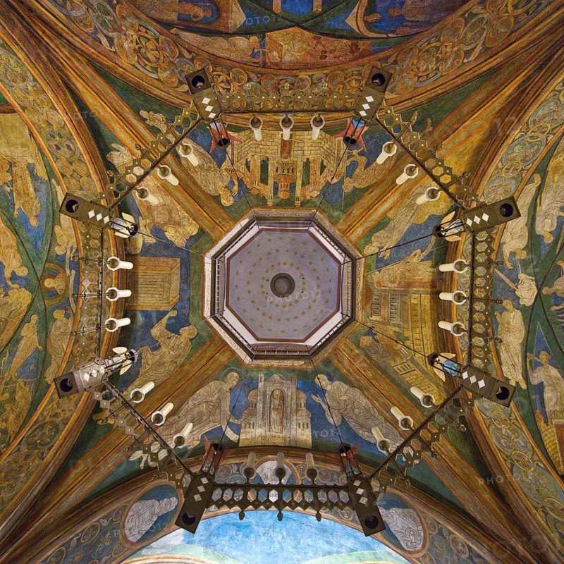 St. Maria and Clemens, view from the lower church through the opening to the ceiling of the upper church, Bonn, North Rhine-Westphalia, Germany, Europe