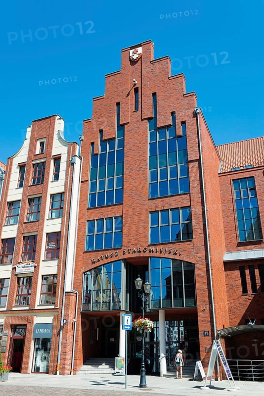Modern brick building with large glass windows under a bright blue sky, Old Town Hall, Elblag, Elbing, Warminsko-Mazurskie Voivodeship, Warminsko-Mazurskie, Poland, Europe