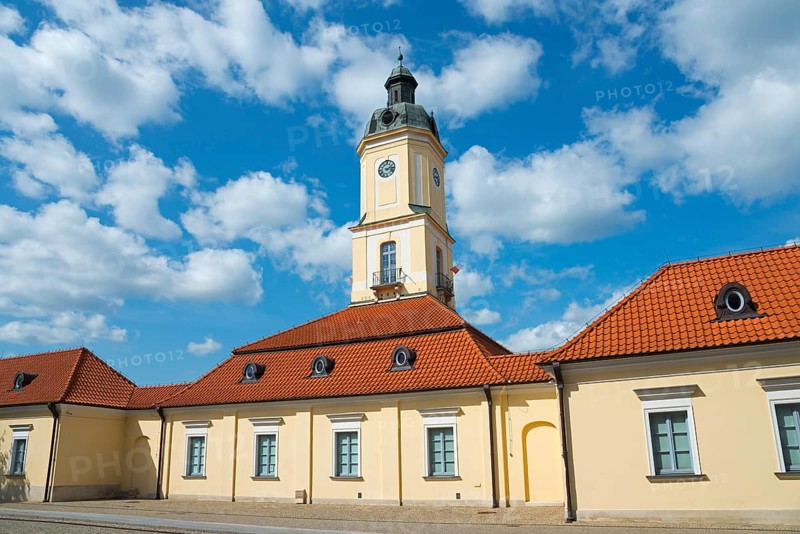 Historic building with clock tower and red roof tiles under a clear sky, town hall, museum, Bialystok, Bialystock, Bjelostock, Podlaskie, Poland, Europe
