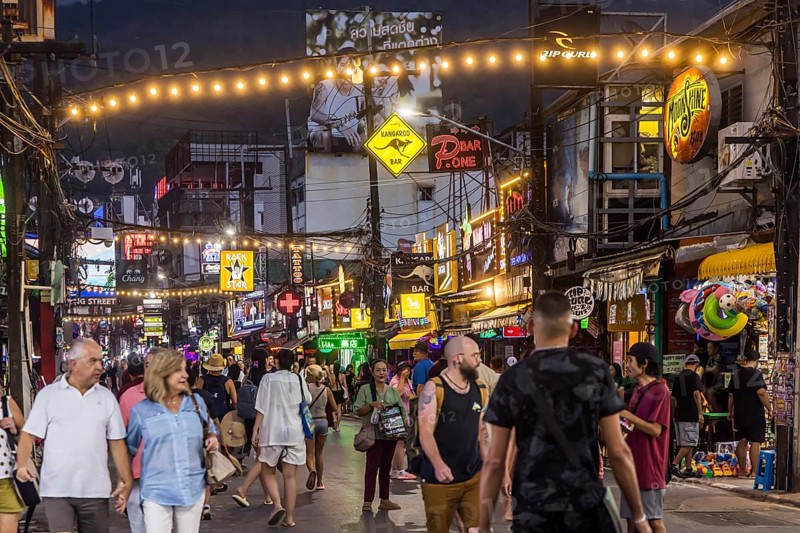 Crowds of people on Bangla Street in the evening. Nightlife on Bangla Walking Street with go-go bars, clubs, cannabis bars and extreme loudness. Patong, Kathu, Phuket Island, Thailand, Asia