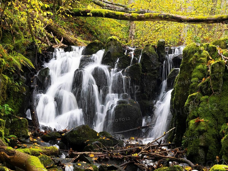 Teufelsmühle waterfall on the hill stream the Schwartzbach, surrounded by autumn colour, in the Rhön UNESCO Biosphere nature reserve, county Bavaria, German