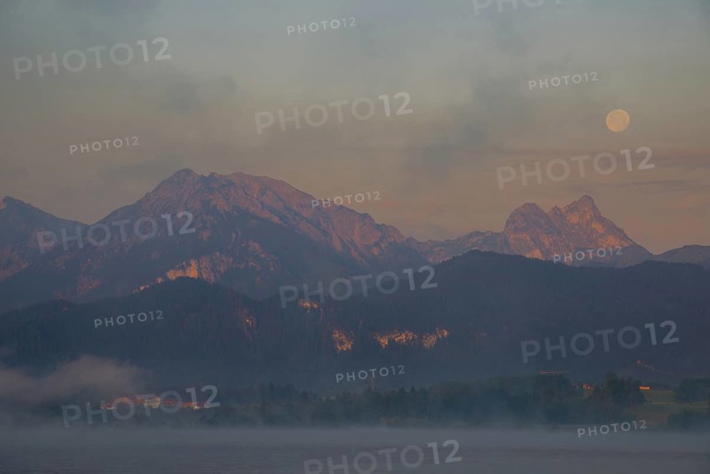 Morning atmosphere at full moon, Hopfensee, near Fuessen, Ostallgaeu, Allgaeu, Upper Swabia, Swabia, Bavaria, Germany, Europe