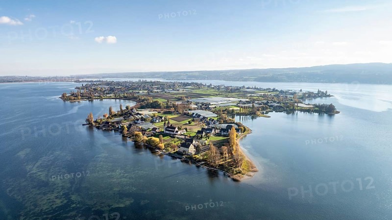 Aerial view of the north-western tip of the island of Reichenau with the district of Niederzell and the columned basilica of St. Peter and Paul, Windegg Castle on the shore with autumnal vegetation, Lake Constance, Constance district, Baden-Württemberg, Germany, Europe
