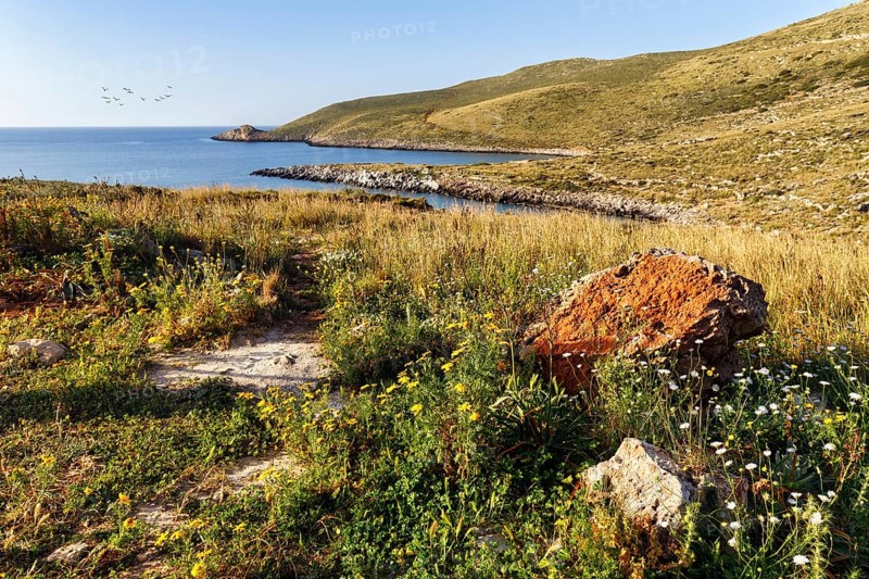 Barren landscape at Cape Tenaro, Cape Tainaron, Cape Matapan, trail at the southern tip of the Peloponnese, coastline, Mani, Greece, Europe
