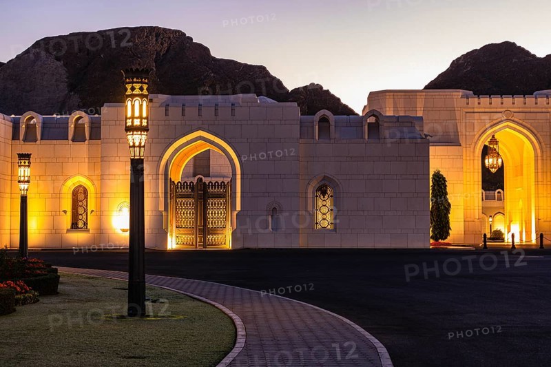 Illuminated side wing of the Sultan's Palace at dawn, Muscat, Arabian Peninsula, Sultanate of Oman