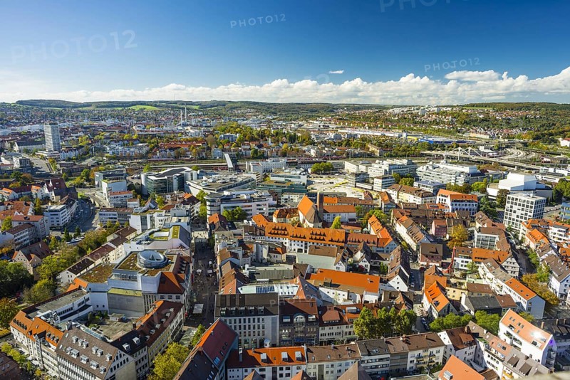 Panorama from Ulm Minster to the western city centre, main railway station, theatre, Ludwig Erhard Bridge, behind it IKEA and residential area Eselsberg, Ulm, Baden-Württemberg, Germany, Europe