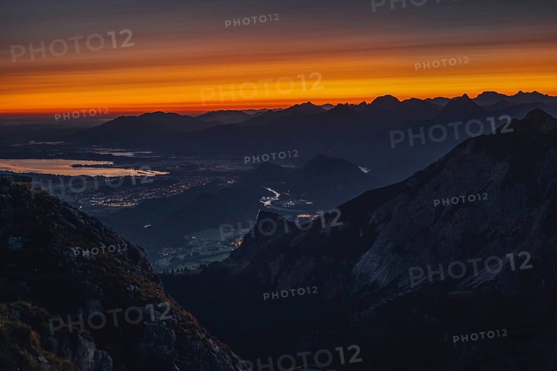 View from the Aggenstein and the foothills of the Alps in Ostallgäu and the Ammergebirge at sunrise, Bavaria, Germany, Europe