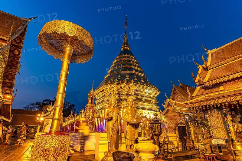 Golden Chedi of the Buddhist temple complex Wat Phra That Doi Suthep, landmark of Chiang Mai c, Thailand, Asia