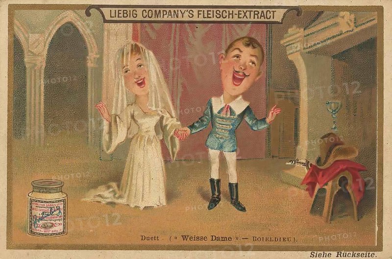 Picture series Singing groups, duet sings the white lady of Boieldiel, Liebig picture, digitally restored reproduction of a collector's picture from around 1900, public domain, exact date unknown, bridal couple in a humorous opera scene with industrialised meat extract in the background