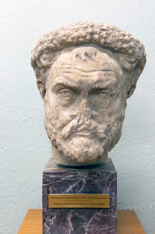 Carved marble Roman portrait head of a high ranking official, archaeology museum, Apollonia Archaeological Park, Albania, Europe