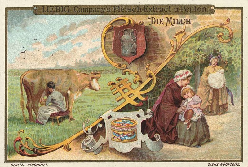 Picture series Drinks of the World, The Milk, Liebig picture, digitally restored reproduction of a collector's picture from around 1900, public domain, exact date unknown, rural scene with cow milking and a family on a green meadow