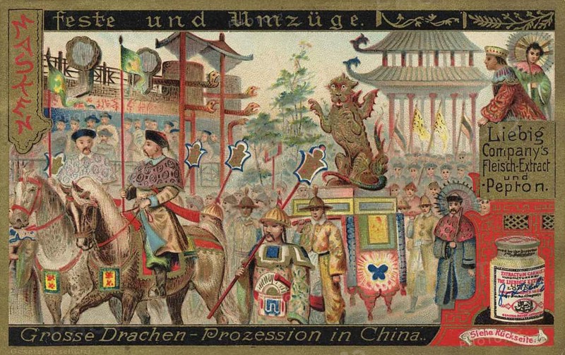 Picture series Masked festivals and processions, large dragon procession in China, Liebig picture, digitally restored reproduction of a collector's picture from around 1900, public domain, exact date unknown, historical Chinese dragon procession with traditionally dressed participants and a magnificent procession