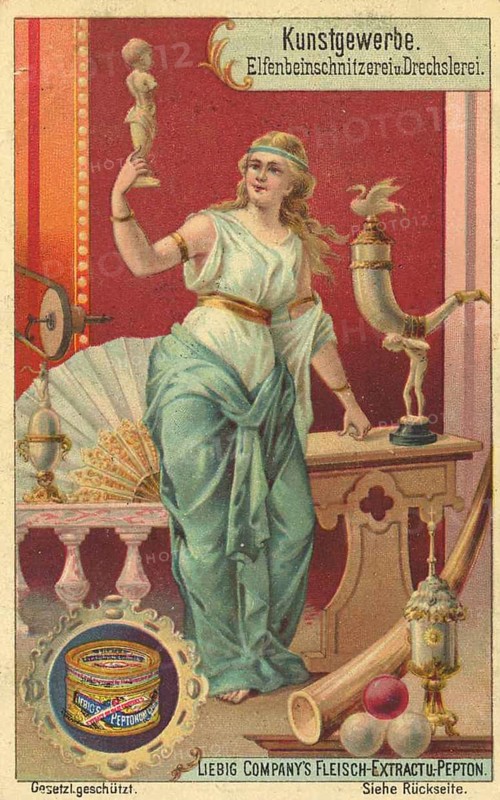 Picture series Arts and crafts, ivory carving and woodturning, Liebig picture, digitally restored reproduction of a collector's picture from ca 1900, public domain, exact date unknown, woman in antique dress presents an ivory sculpture in an ornate room