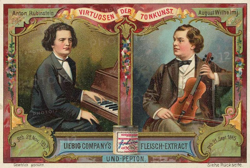 Picture series Virtuosen der Tonkunst, Anton Rubenstein and August Wilhelmj, Liebig picture, digitally restored reproduction of a collective picture from ca 1900, public domain, exact date unknown, portraits of Rubinstein and Wilhelmj, association of classical music, richly decorated frame